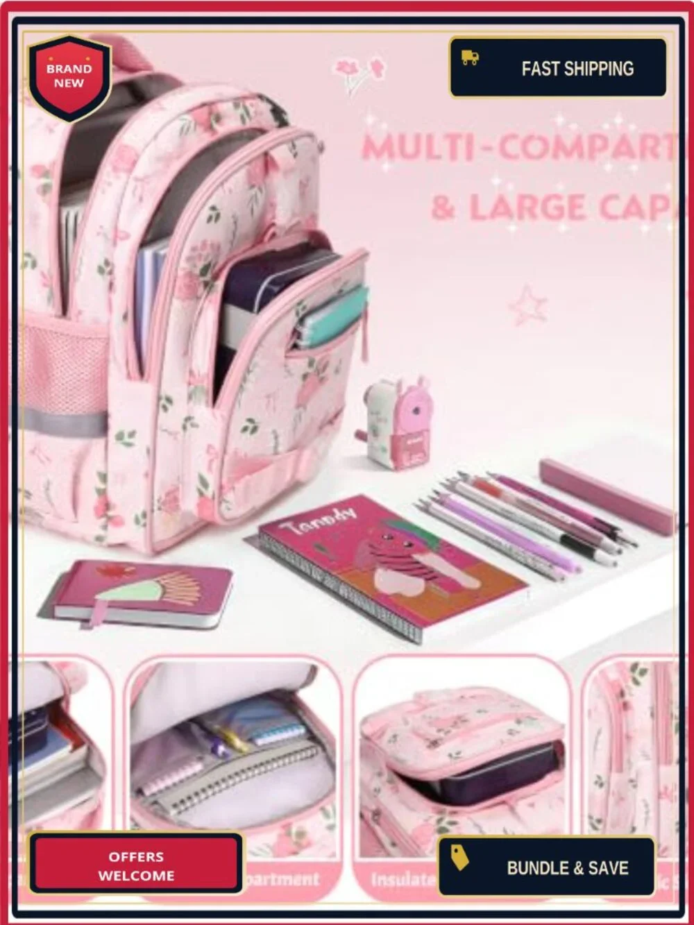 Girls Backpack Set with Headphones Lunch Bag Pencil Case Luminous